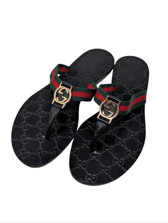 Gucci Shoes - Gucci Black Lifford Web Interlocking G GG Thong Flip Flop Sandals Size EU 38.5